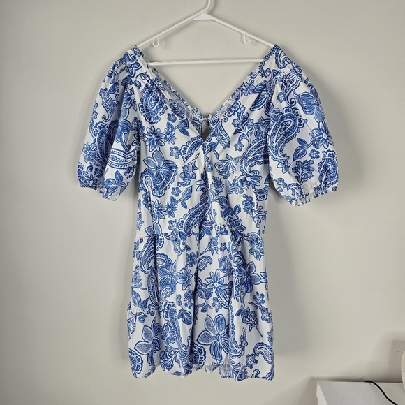 Xirena Nissa Mini Dress Puff Sleeves Santorini Print Size L Euro Summer Coastal - Picture 3 of 16